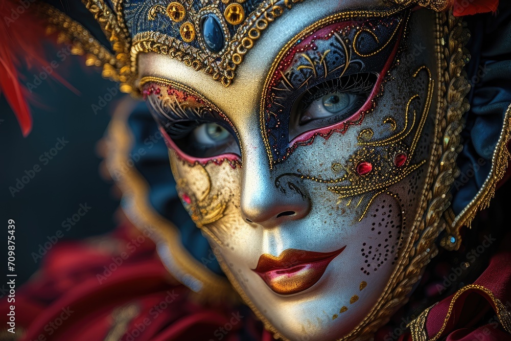 Colorful masks and costumes at traditional Carnival in Venice. Beautiful woman in mysterious mask. Venetian carnival. Mardi Gras, masquerade party or holiday event Colorful masks and costumes at traditional Carnival in Venice. Beautiful woman in mysterious mask. Venetian carnival. Mardi Gras, masquerade party or holiday event