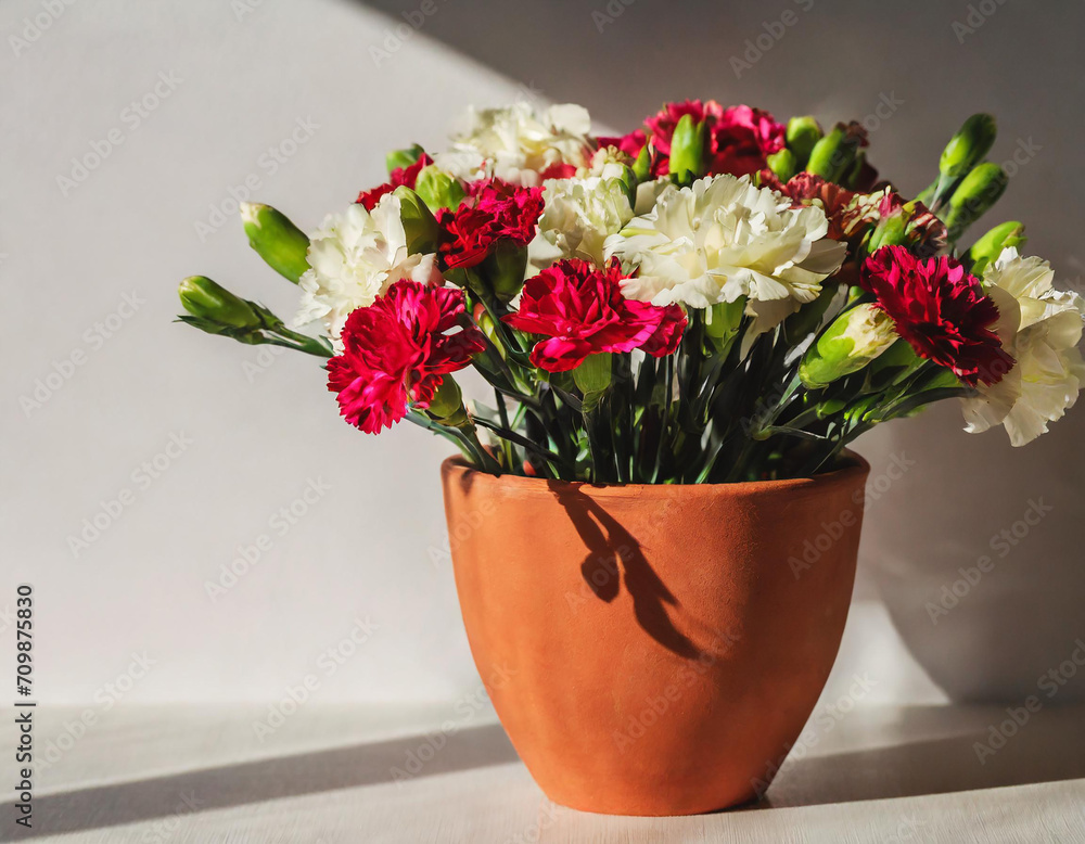 Red handmade clay flower pot with colourful carnation flowers bouquet in warm sunlight shadows over white wall. Minimal modern interior decoration concept