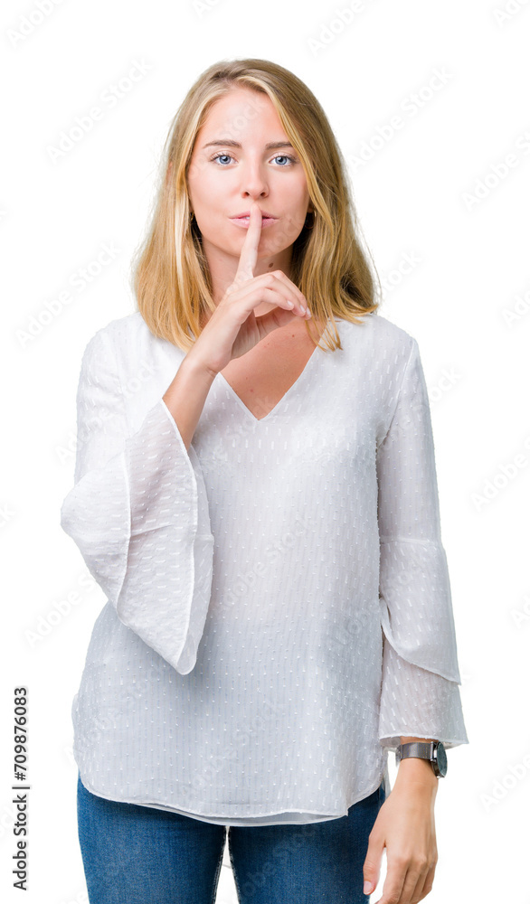 Beautiful young elegant woman over isolated background asking to be quiet with finger on lips. Silence and secret concept. Beautiful young elegant woman over isolated background asking to be quiet with finger on lips. Silence and secret concept.