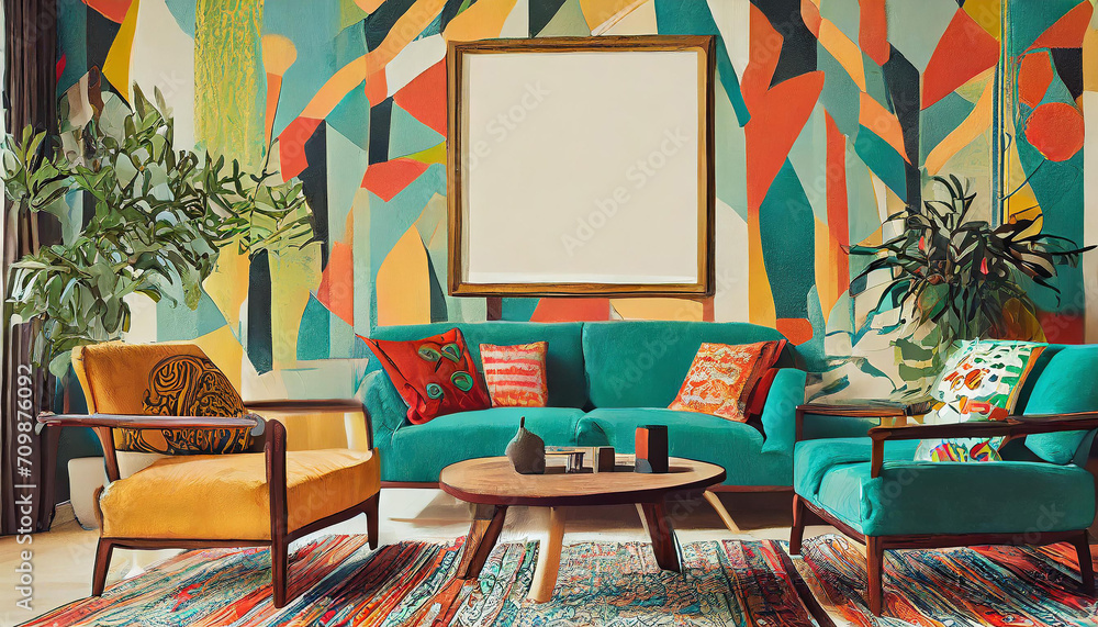 Retrochic living room design with funky seating and a vibrant wooden