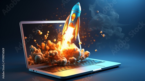 Illustration of a cartoon rocket launching from laptop screen on vibrant blue background