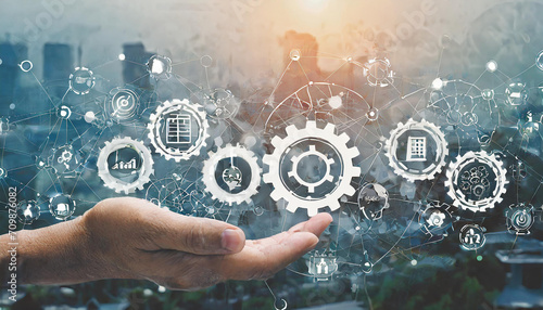 Research development r and d concept with hand holding a work process in cog or gear relation from starting up idea until final summary in finish products