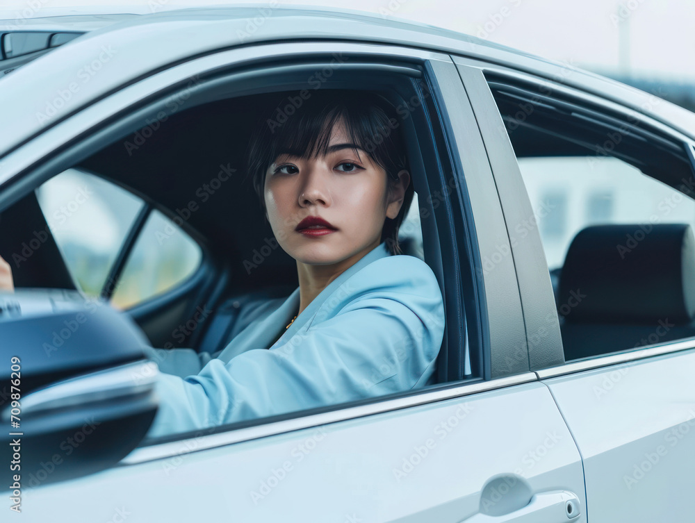 a happy stylish asian woman in light blue suit is driving white car. Portrait of happy female driver steering car with safety belt.