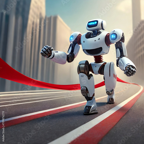 Robot crosses the finish line, finishing red ribbon. Concept of technology race, superiority of artificial intelligence, competition between human and technology. 3D illustration, 3D rendering