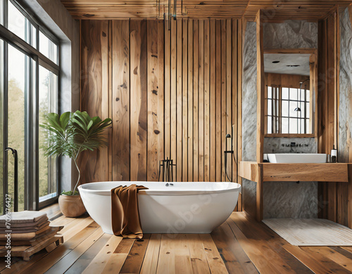Rustic interior design of modern bathroom with wooden wall and bathtub decorated with solid wood slab