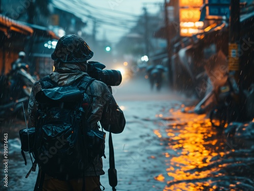 Photographer Capturing the City's Mood in the Rain