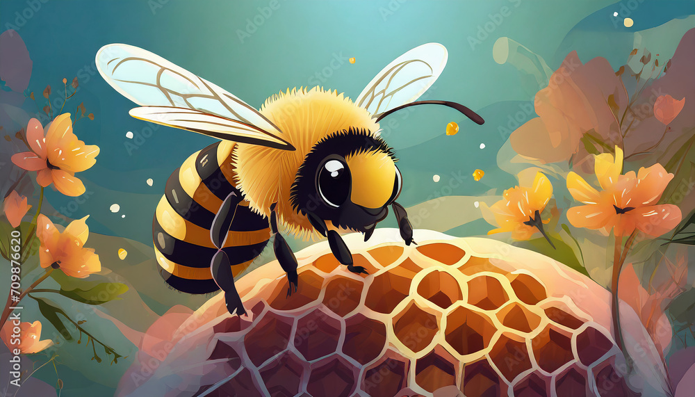World bee day poster. Save the bees. Bee bending down to pollinate a ...
