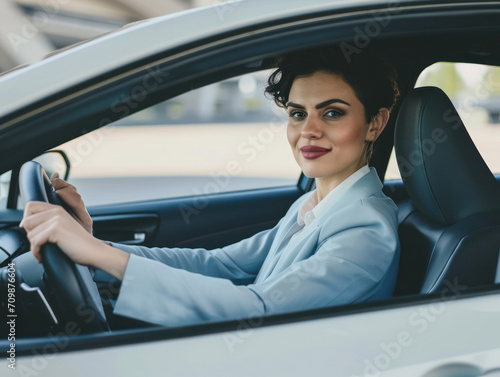 a happy stylish short-haired woman in light blue suit is driving white car. Portrait of happy female driver steering car with safety belt. © Svetlana