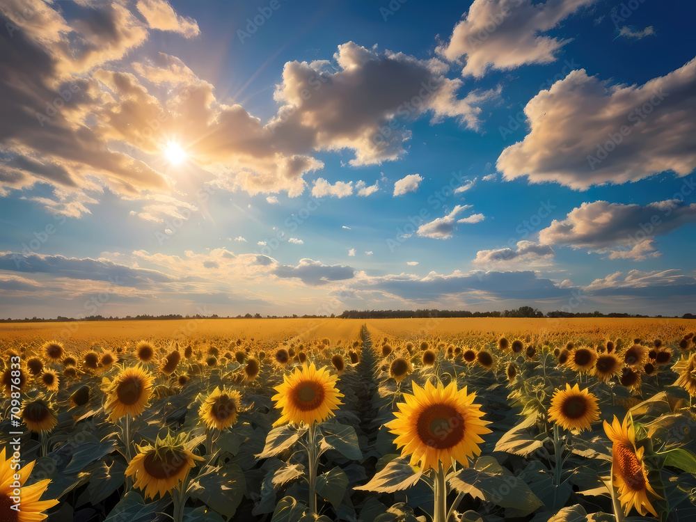 Fototapeta premium Sunflower Bathed in Sunshine Against a Blue Sky Canvas. AI Generative
