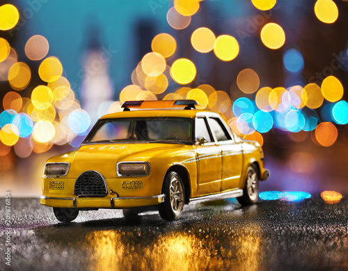 Yellow taxi cab and blurred city lights background at night with colorful bokeh