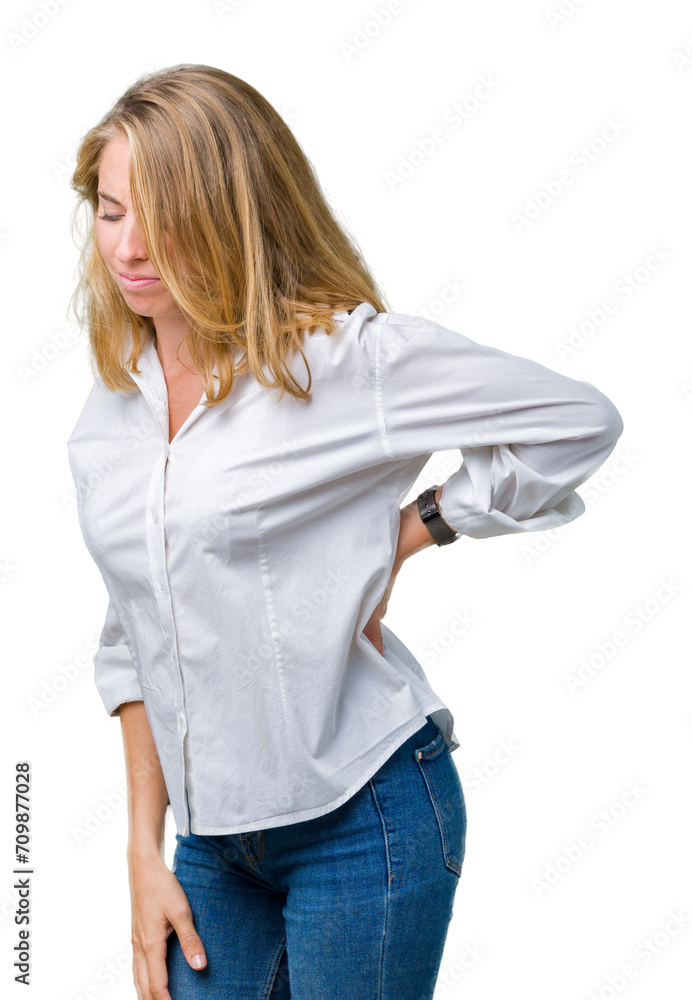 Beautiful young business woman over isolated background Suffering of backache, touching back with hand, muscular pain Beautiful young business woman over isolated background Suffering of backache, touching back with hand, muscular pain