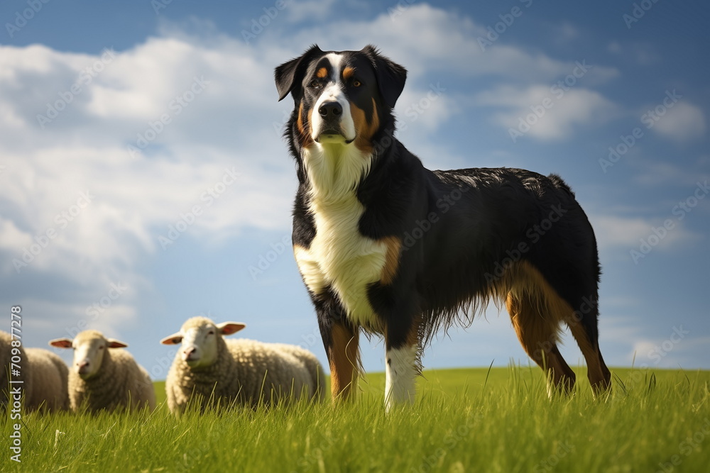 Swiss mountain dog or sennenhund guarding a flock of sheep at sunny highlands pasture with green grass.	