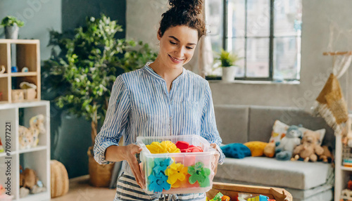 Young woman is holding storage boxes toys. Mom sorted by colors children's toys in transparent plastic boxes. Mother tidy up the children's room. Organization and Storage Ideas in playroom.