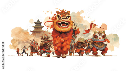 Chinese Lion Dance, transparent Background, Modern Chinese City Illustration, Mid Century Illustration generative ai