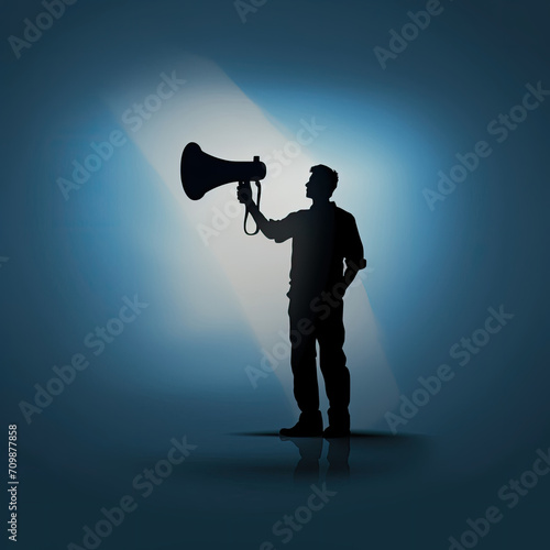 Silhouette of a Man Holding a Megaphone in a Dramatic Pose