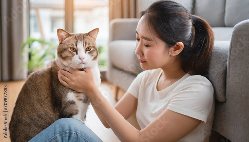 Asian woman apologizing offended cat for mistake, Remorseful female doing reconcile cat while feel sad and angry in living room at home, Adorable domestic pet concept