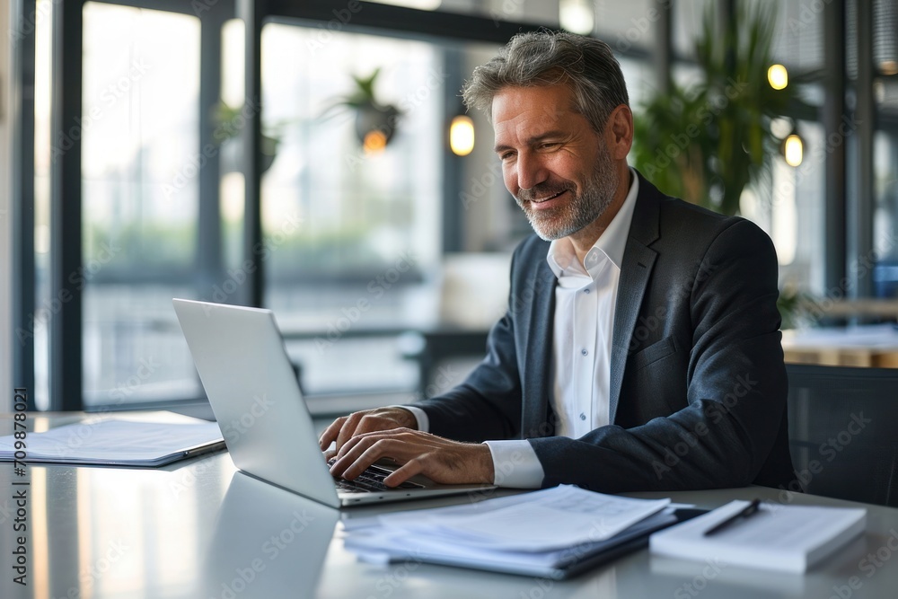 Happy mid aged professional business man company executive ceo manager lawyer sitting at desk in office using laptop working on plan overview checking, Generative AI Happy mid aged professional business man company executive ceo manager lawyer sitting at desk in office using laptop working on plan overview checking, Generative AI
