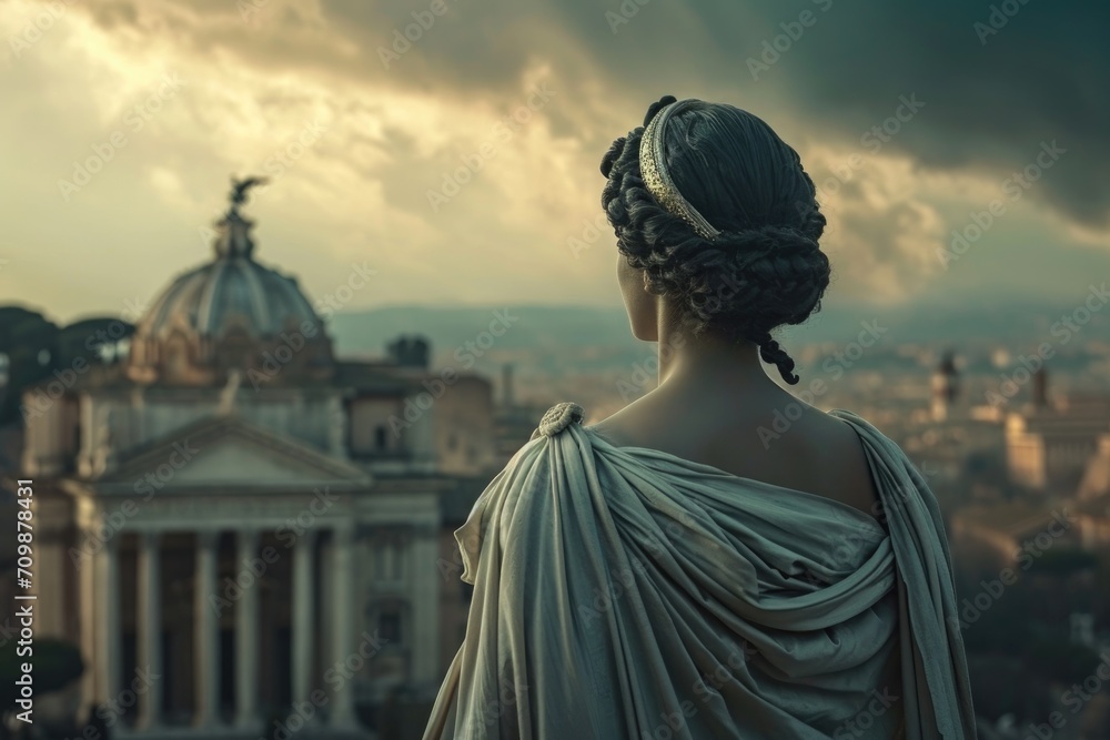 Studio portrait of a female Roman Emperor as a goddess, in divine attire, against a backdrop of the Capitoline Hill temples. Studio portrait of a female Roman Emperor as a goddess, in divine attire, against a backdrop of the Capitoline Hill temples.