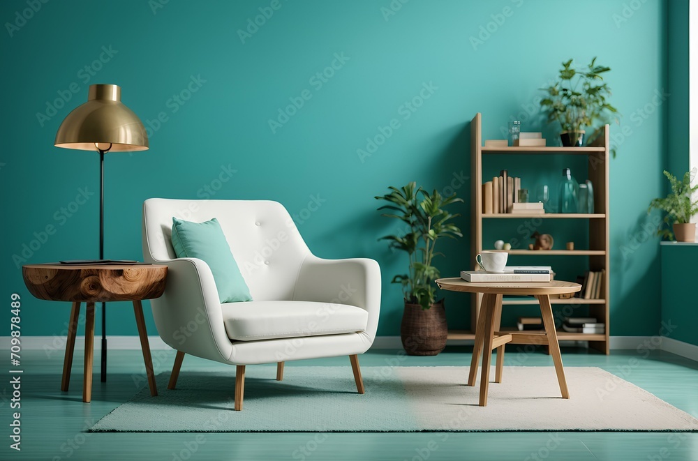Fototapeta premium living room interior with white armchairs, wooden table, bookshelf and flower vase