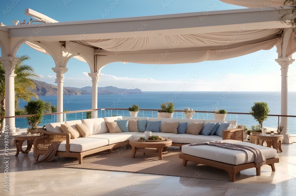 terrace of a luxury house, sea view background