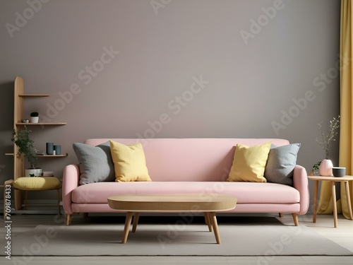 living room interior with pink sofa and wooden table