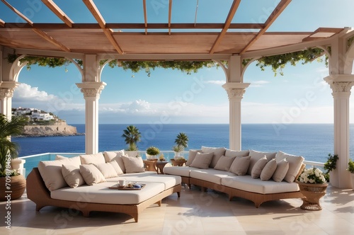 sofa on terrace with sea view at luxury resort