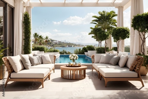 relaxing sofa and coffee table on the terrace overlooking the pool