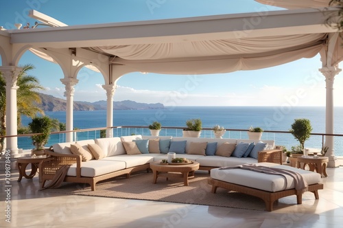 terrace of a luxury house, sea view background © savior