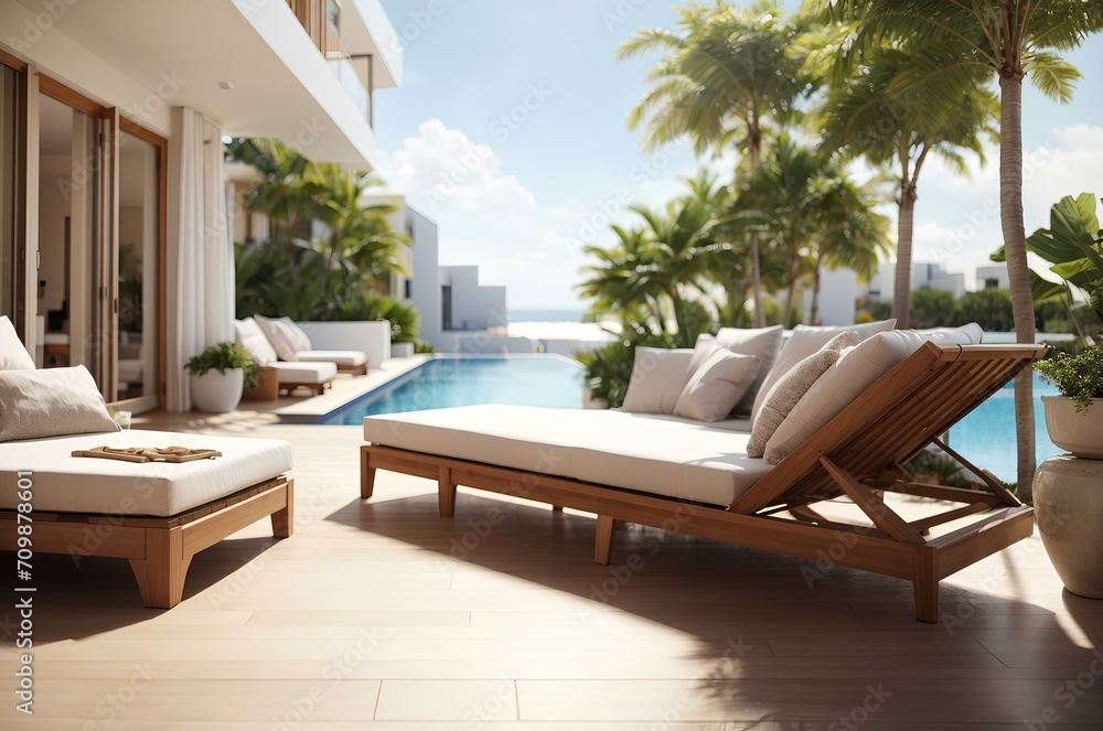 Fototapeta premium sun loungers overlooking the swimming pool at a luxury resort