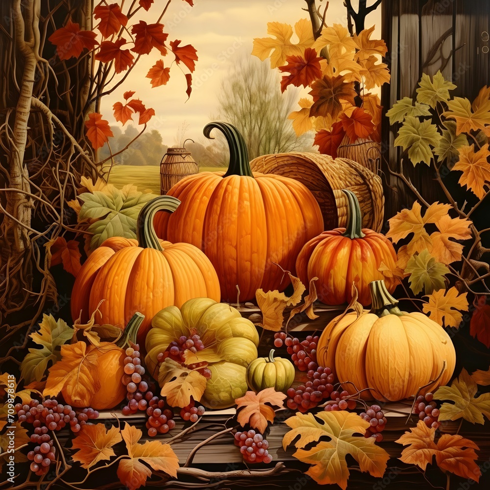 Illustration of pumpkins and autumn leaves in the park. Pumpkin as a dish of thanksgiving for the harvest.