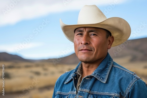 Studio portrait of a Latino man in a cowboy hat and denim jacket, with a desert landscape backdrop.