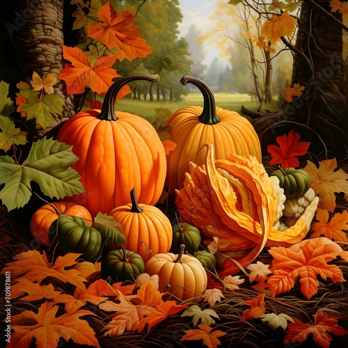 Illustration of pumpkins and autumn leaves in the park. Pumpkin as a dish of thanksgiving for the harvest.