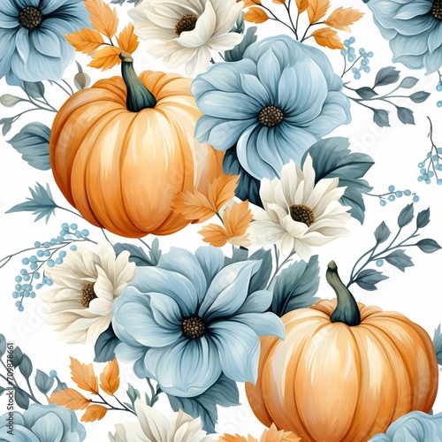 Pumpkins and flowers as abstract background  wallpaper  banner  texture design with pattern - vector. White colors.