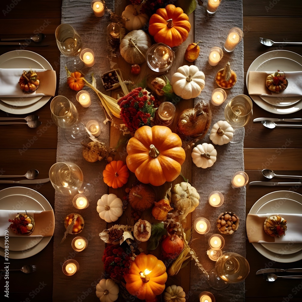 Top view of an elegantly set table, plates, cutlery, pumpkin candles, glasses. Pumpkin as a dish of thanksgiving for the harvest.