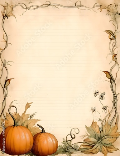 Paper frame with leaves and pumpkins on a light background.