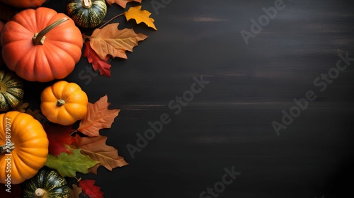 Top view of the dark background, autumn leaves on the left and colorful Pumpkins, banner with space for your own content.