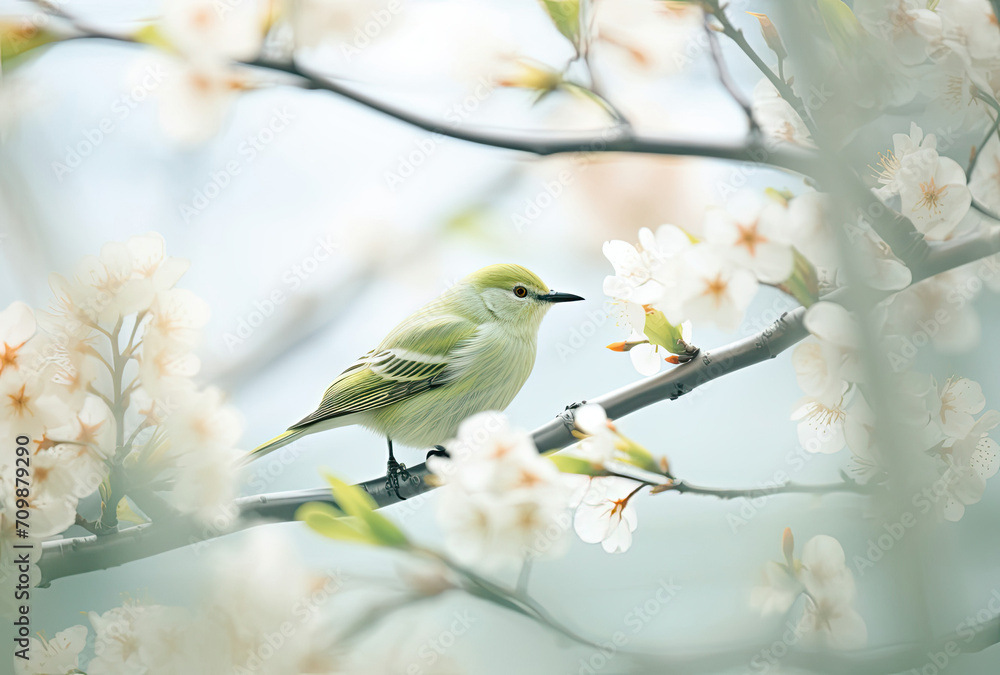 Green Bird on Branch of Tree, Natures Beautiful Moment in Stillness Green Bird on Branch of Tree, Natures Beautiful Moment in Stillness