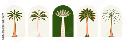 Palm tree thin line icon abstract design summer logo template modern minimal linear emblem for vacations rentals and travel services. Vector illustration