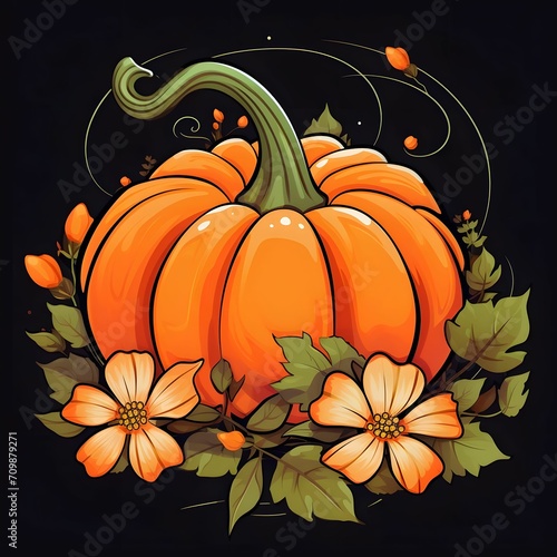 Pumpkin with flowers and leaves on a dark background. Pumpkin as a dish of thanksgiving for the harvest.