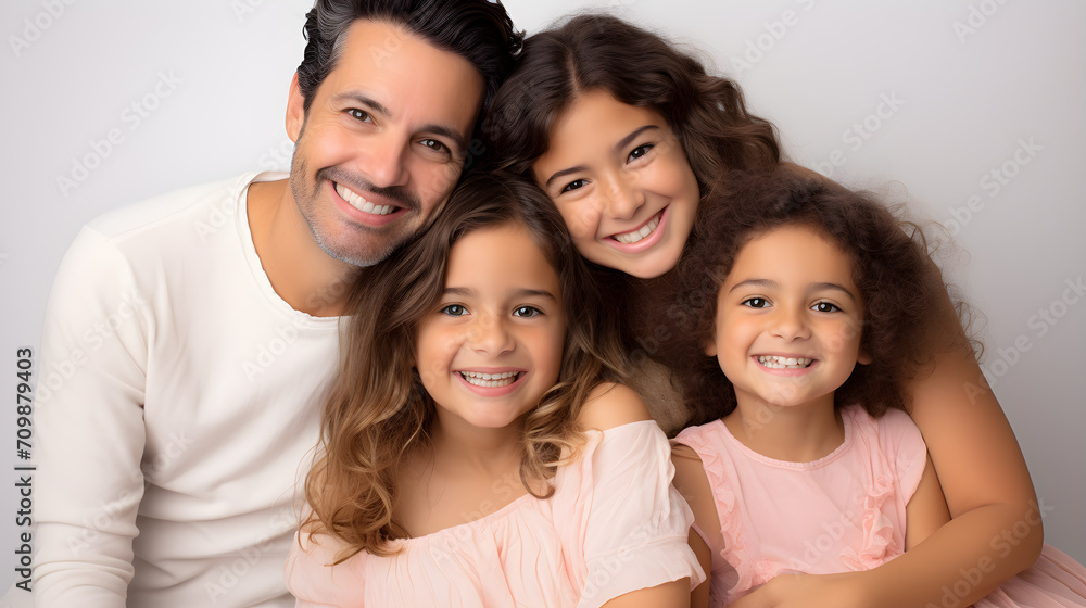 A heartwarming family portrait captured in a studio setting, showcasing the genuine bond between a father and daughter. Generative AI A heartwarming family portrait captured in a studio setting, showcasing the genuine bond between a father and daughter. Generative AI