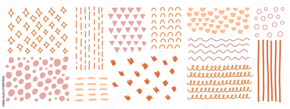 Various sketchy doodle textures with shapes, lines, and objects. Freehand colorful lines, curves, dots, spiral. Hand drawn abstract background set. Grunge vector textures peach fuzz colors