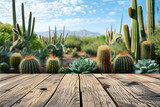 Wooden Tabletop with Blurred Cactus Nursery Ambiance Background, Succulent Sanctuary