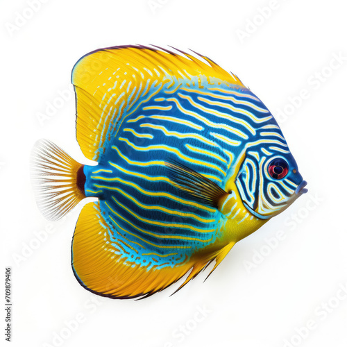 Blue and Yellow Fish on White Background, Colorful Aquatic Creature in a Simple Setting