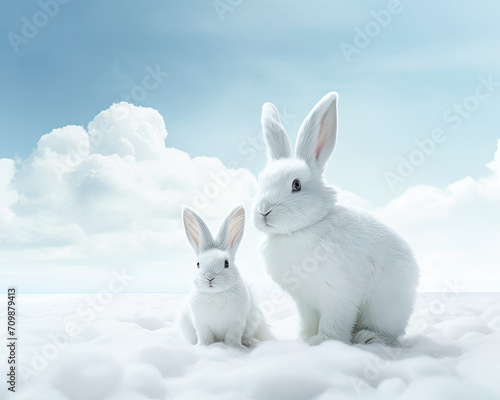 Two White Rabbits Sitting Together on the Grass © Piotr
