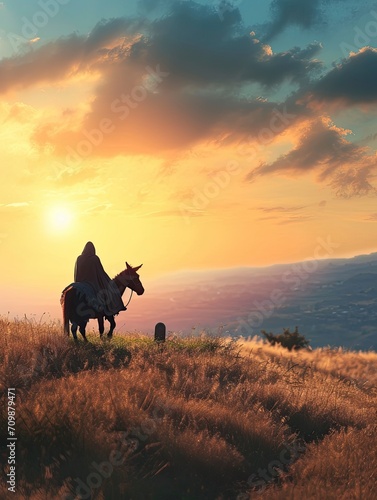 Palm Sunday concept: Silhouette Jesus Christ riding donkey with tomb stone on meadow sunset background, poster, realistic, HD, copy space - generative ai © Nia™