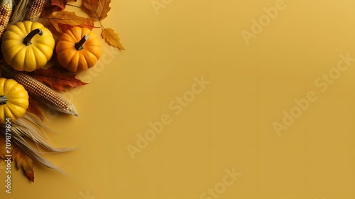 Wheat  grain  rowan and a small pumpkin on the left.  banner with space for your own content. Orange background color.