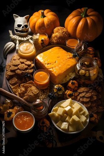 A wooden table top, a crib, and on it pumpkins, rowan berries, lit candles, autumn leaves. Pumpkin as a dish of thanksgiving for the harvest.