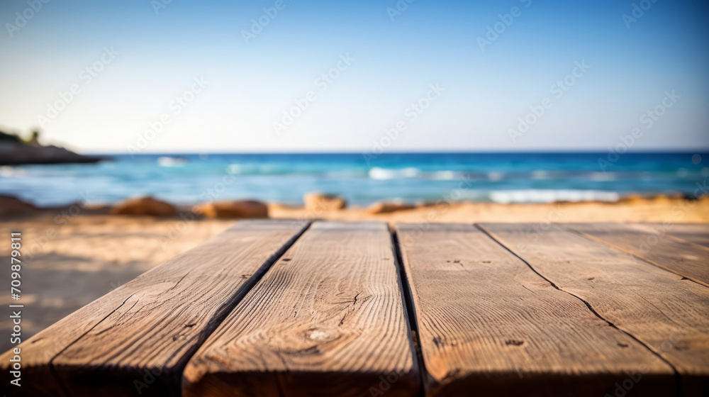 Fototapeta premium close-up of an empty wooden table and blurred ocean background, mockup background for product display