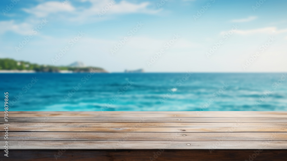 close-up of an empty wooden table and blurred ocean background, mockup background for product display