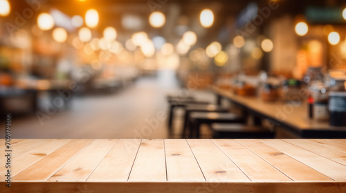 close-up of an empty wooden table on blurred bokeh bar background, restaurant, mockup background for product display